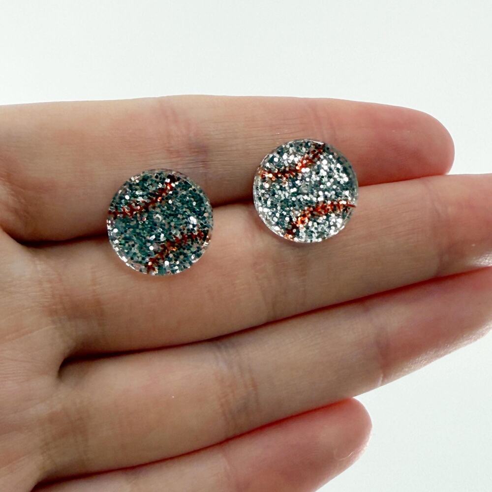Baseball Earrings, Baseball Studs, Glitter Baseball Stud Earrings, Baseball